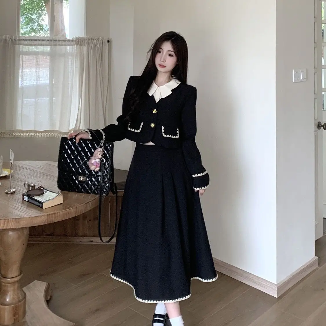 Xiaoxiangfeng Style Retro Slimming Versatile French Hepburn Style Patchwork Top and Skirt Two-piece Set for Women