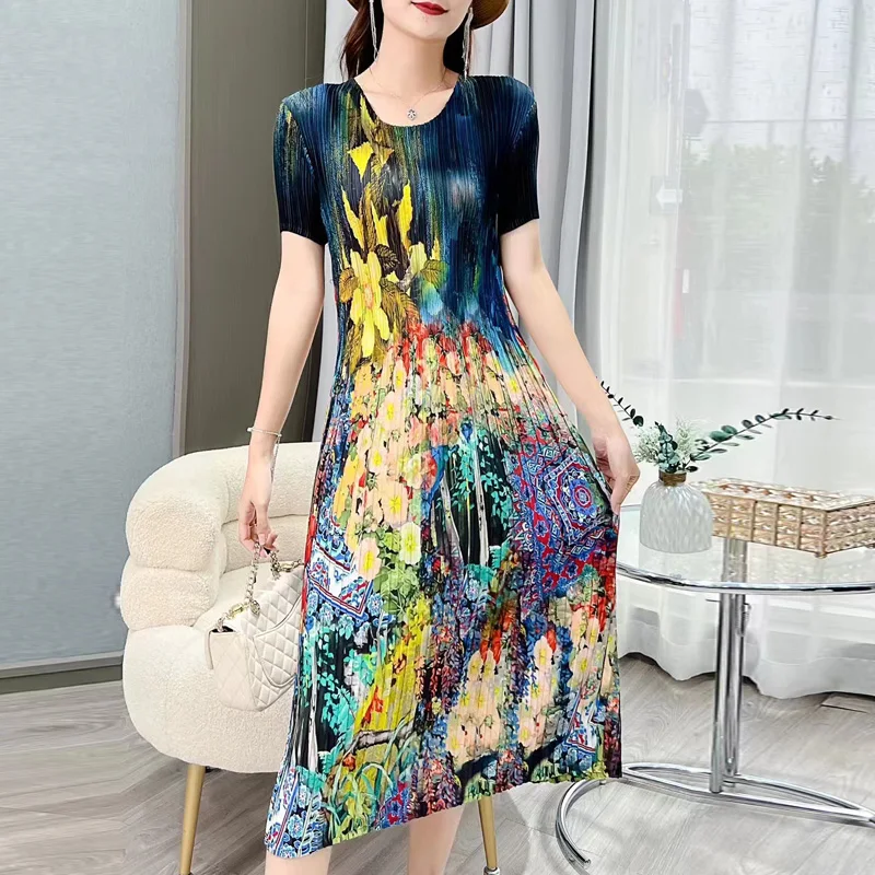 2023 Summer New Style Silk Printed Dress Women's Fashion Short Sleeves Round Neck Waist Shrinking Holiday Party Vestidos