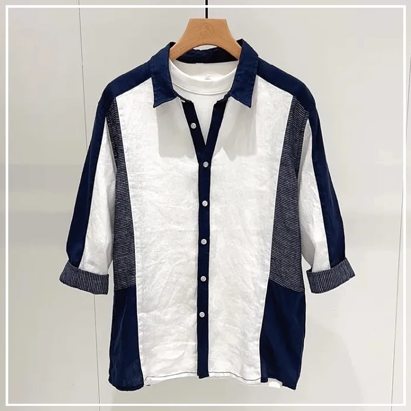 2024 Summer Korean Version Fashionable and Minimalist Lapel Contrasting Color Loose Casual Oversize Mid Sleeved Shirt for Men