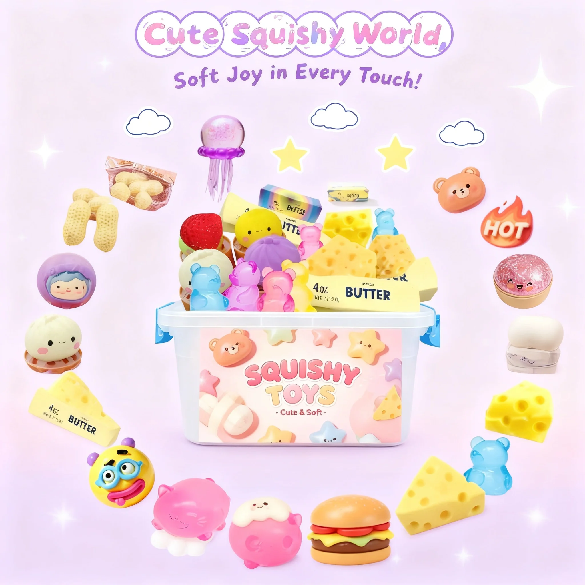Set de Juguetes Sensoriales Antiestrés de Crecimiento Lento, Caja Sorpresa con Figuras Aleatorias de Comida: Queso, Bollo, Dumpling, Pan y Oso
