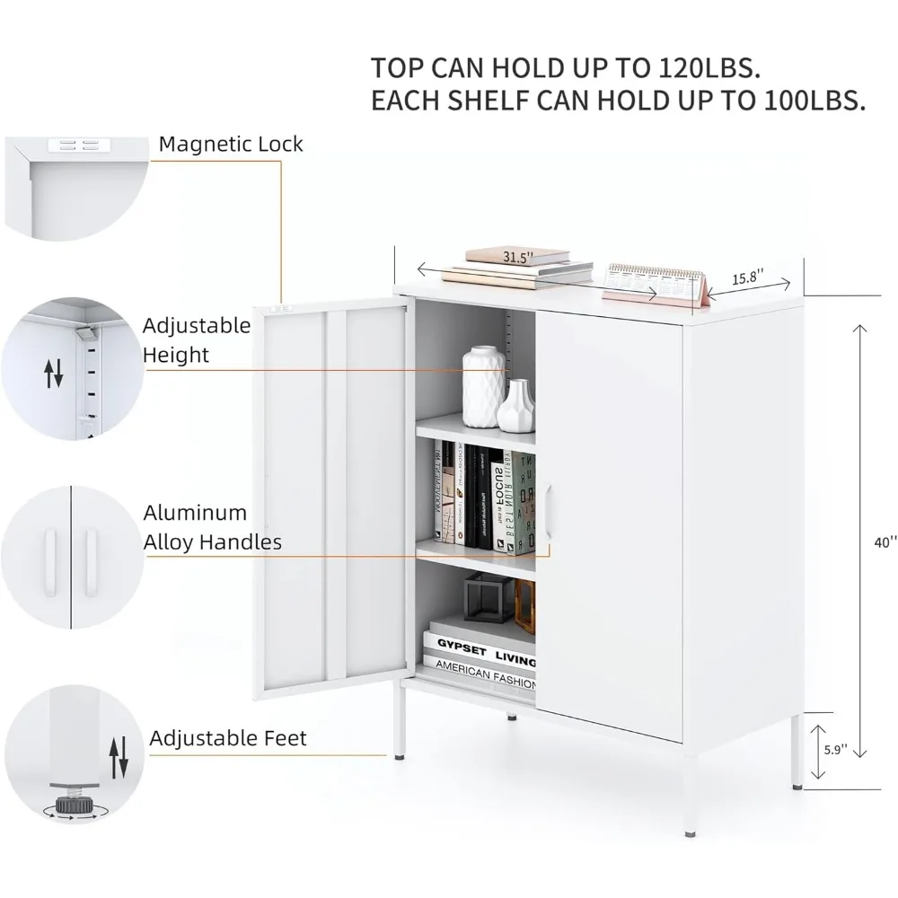 White Metal Storage Cabinet,Metal Locker Storage Cabinet with 2 Doors and Shelves,Kitchen Pantry Cabinet,Modern Storage