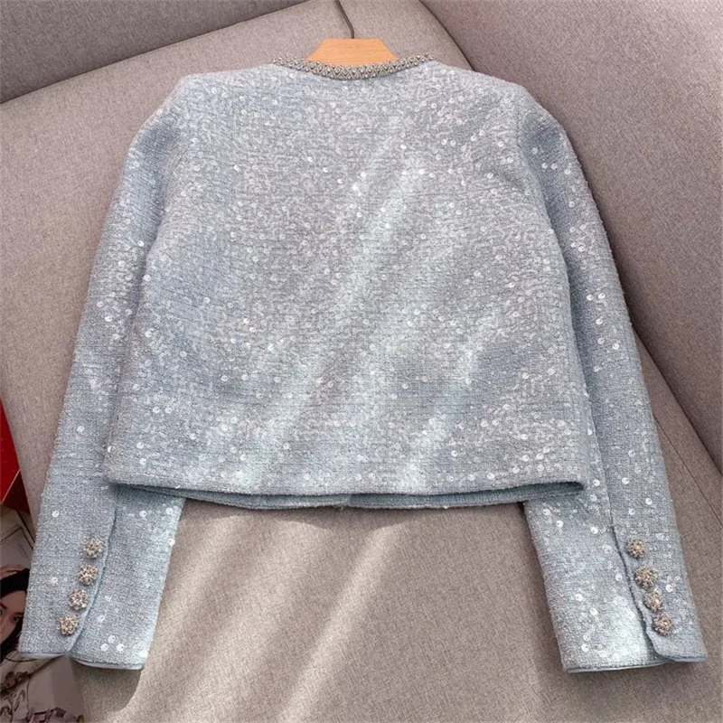 Woman jackets 2024 Summer New in outerwears Fashion Sequin blend Round Neck Long Sleeve Top Shining button decoration Women coat