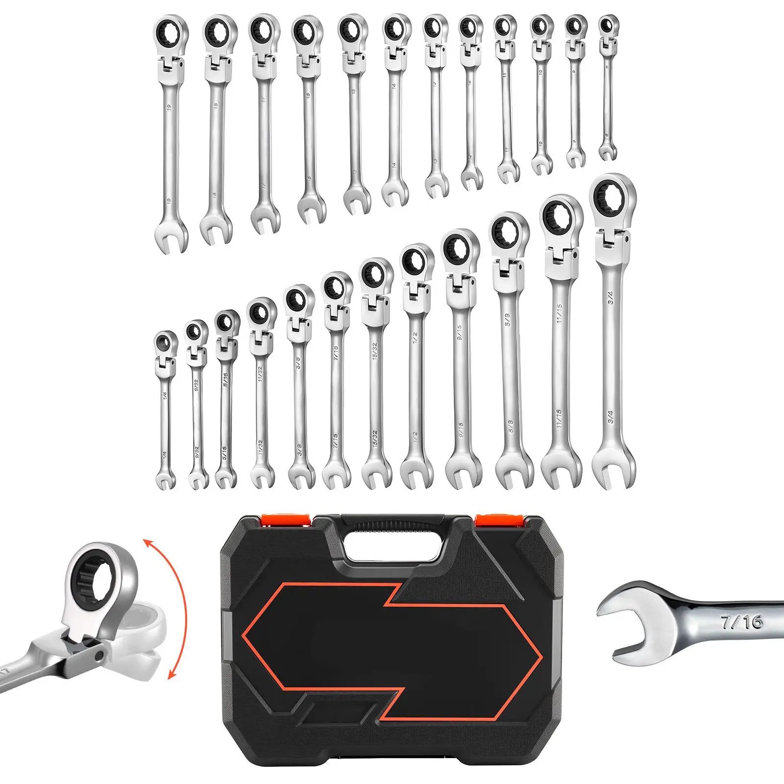 Flex-Head Ratcheting Wrench Set, 24-Piece SAE and Metric, 72 Teeth, Cr-V Steel Ratchet Flexible Combination Wrench Set with Stor