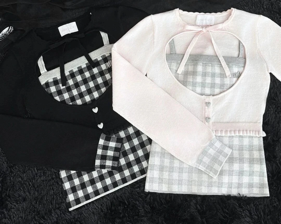 일본 스타일 여성 상의 가을 겨울 신상 달콤하고 귀여운 레이스업 니트 가디건 + 체크 니트 캐미솔 여성용