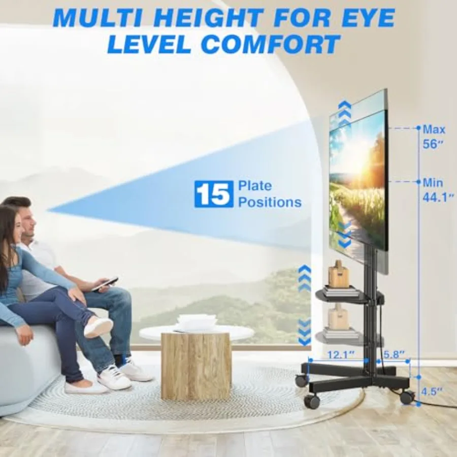 حامل تلفزيون متنقل مع مخرج طاقة لشاشات 3275 بوصة حامل تلفزيون محمول على عجلات مع تعديل الارتفاع