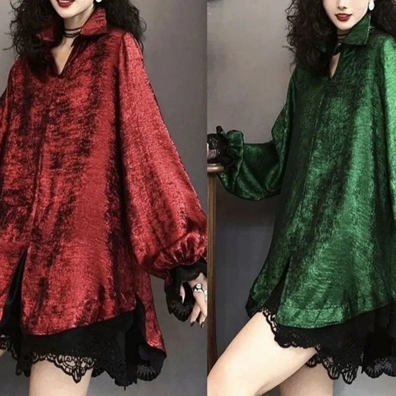 Mode Spitze Patchwork Bluse pendeln einreihig 2024 Frühling Herbst Polo-Ausschnitt weibliche Kleidung einfarbig helle Seide Hemd