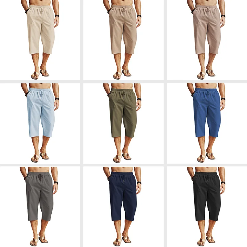 Men's Sports Mid-waist Drawstring Solid Color Beach Seven-point Yoga Pocket Pants Light Casual Pants