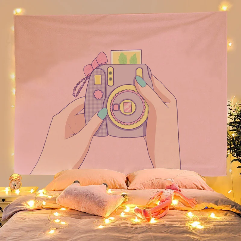 VIKAMA Cute Cartoon Pink Camera Tapestry Wall Hanging Bedroom Indoor Home Wall Decoration