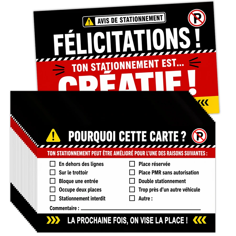 100 Pcs French Parking Notice Cards, Funny No Parking Reminder Cards, Double Sided Parking Warning Cards for Car Windshields