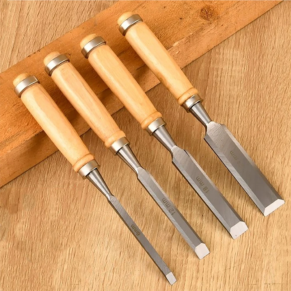 Professional 4Pcs Wood Carving Chisels Set - 6/12/18/24mm Chrome-Vanadium Steel with Ergonomic Beech Handles in Paper Case