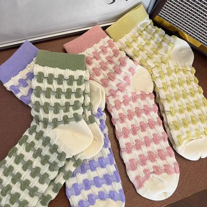 1/6 pairs Women's spring thin casual comfortable mid tube socks fashion breathable long socks color blocked simple women's socks