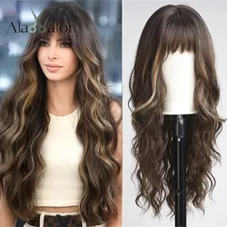 ALAN EATON Brown Highlight Long Wavy Wig for Women Curly Synthetic Hair Wig Dark Brown Wigs with Bangs for Daily Heat Resistant