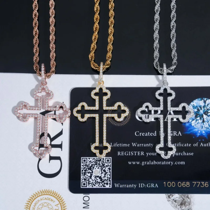 

Iced Out D Color Moissanite Cross Pendant Hollow Out 925 Sterling Silver Hiphop Rock Jewelry Plated White Gold Pass Tester Gra