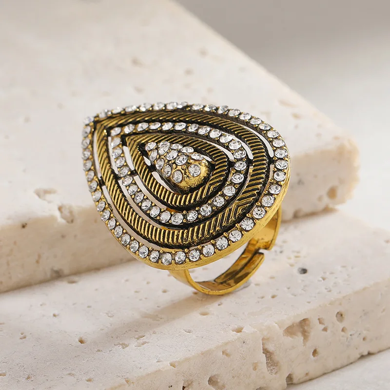 

Faionable Simptic Hollow out Alloy Diamond Drop aped Ring Retro Sle Men Women Universal Jewelry Accory