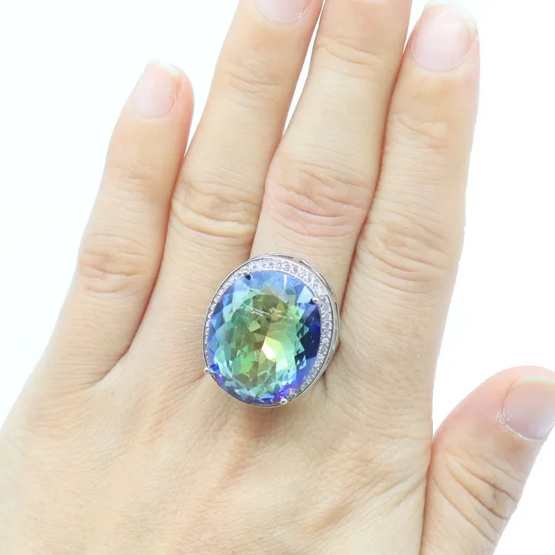 Buy 5 Get 1 Free 25x21mm Unique Big Gemstone 8g Fire Rainbow Mystic Toapz White CZ Present Silver plated Rings Many Size 6-11