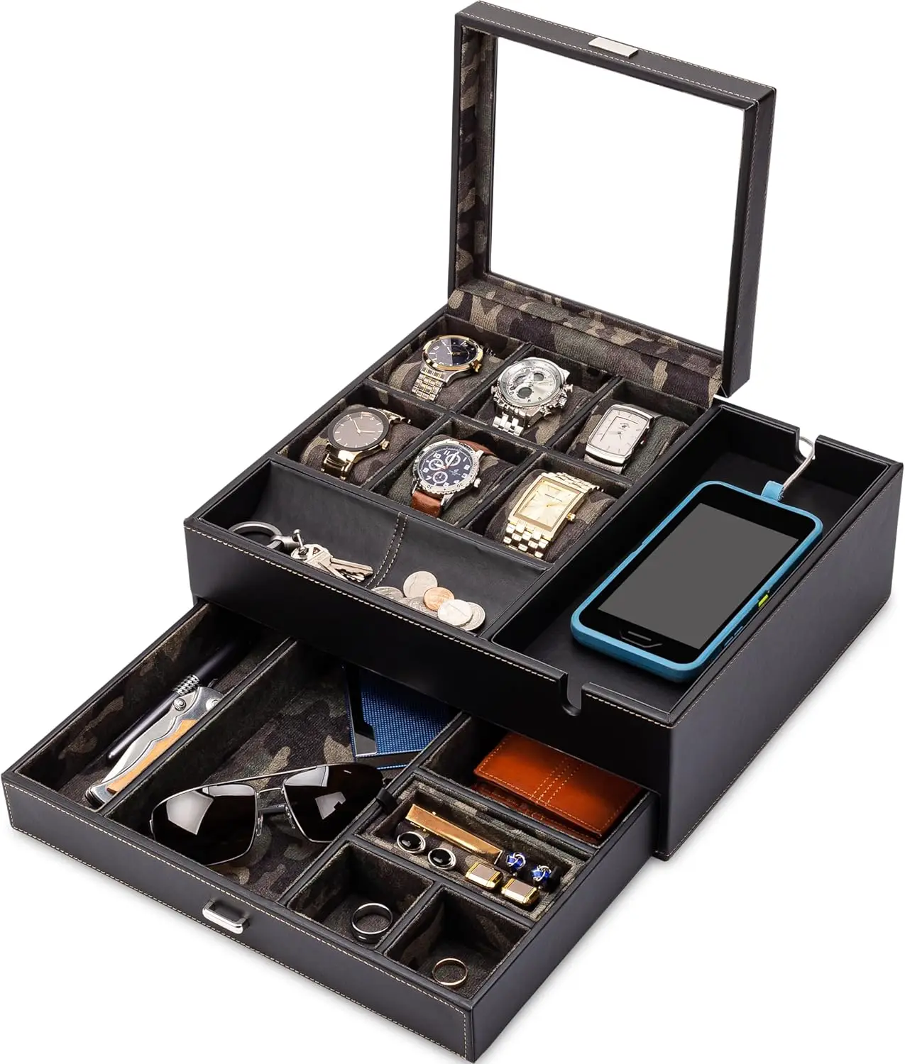 Commander Dresser Valet Watch Box Case, Cadeaux camouflage pour hommes, Organisateur de boîte à bijoux pour hommes