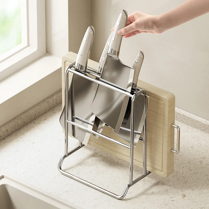 

Stainless Steel Knife Rack Kitchen Knife Holder All-in-one Chopper Shelf Multi-functional Chopping Board Pot Lid Organizer