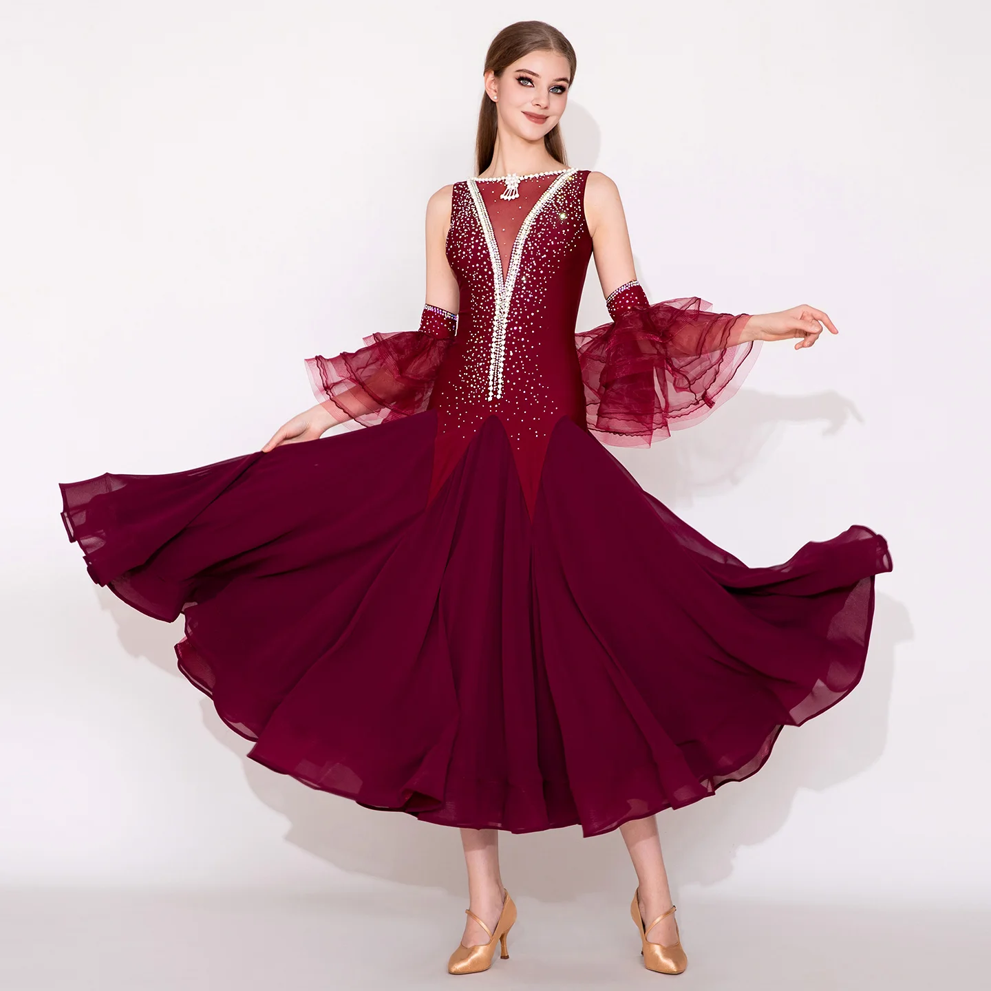 فستان أداء الرقص الحديث النبيذ الأحمر قرمزي المعايير الوطنية مسابقة الرقص أداء الملابس My948