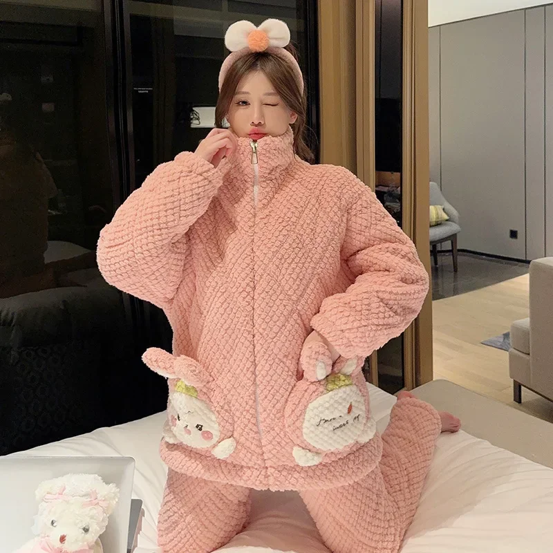 معطف وسراويل بسحاب رقيق للنساء ، بيجامات مبطنة بثلاث طبقات ، ناعمة ومريحة ، فانيلا دافئة وسميكة ، ملابس منزلية ، مقاس 5XL كبير ، شتاء