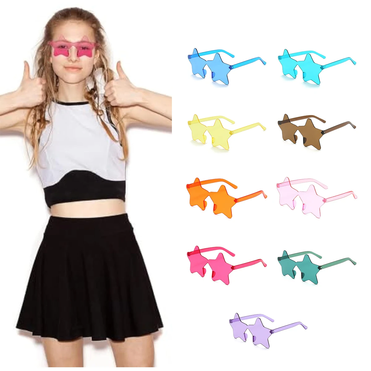 1Pc Frameless Star Shaped Solid Color Glasses For Cosplay Eyewear Cool Disco Glasses For Women Men Fashion Pentagram Sunglasses