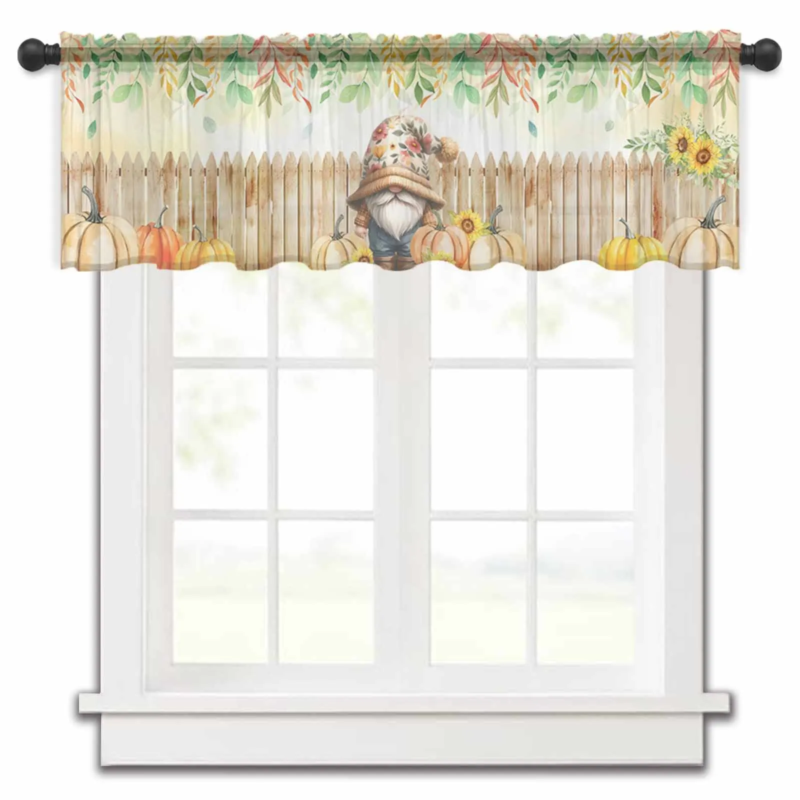 Thanksgiving Plant Fence Pumpkin Leaf Dwarf Kitchen Small Window Curtain Tulle Sheer Short Curtain Living Room Home Voile Drapes