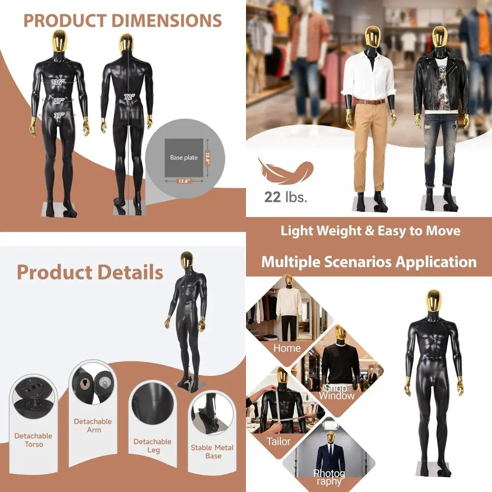 

Мужской манекен в полный рост с металлической подставкой - съемная подставка для демонстрации, регулируемая для дизайна одежды, черный и золотой цвета