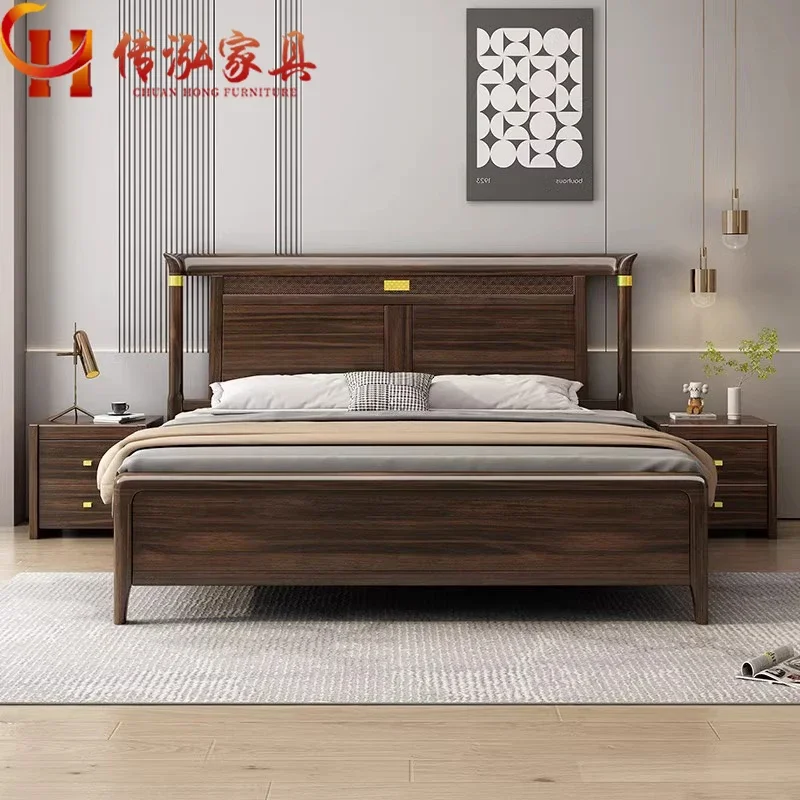 

Ebony new Chinese solid wood bed modern simple 1.5 meters single 1.8 meters double bed high box