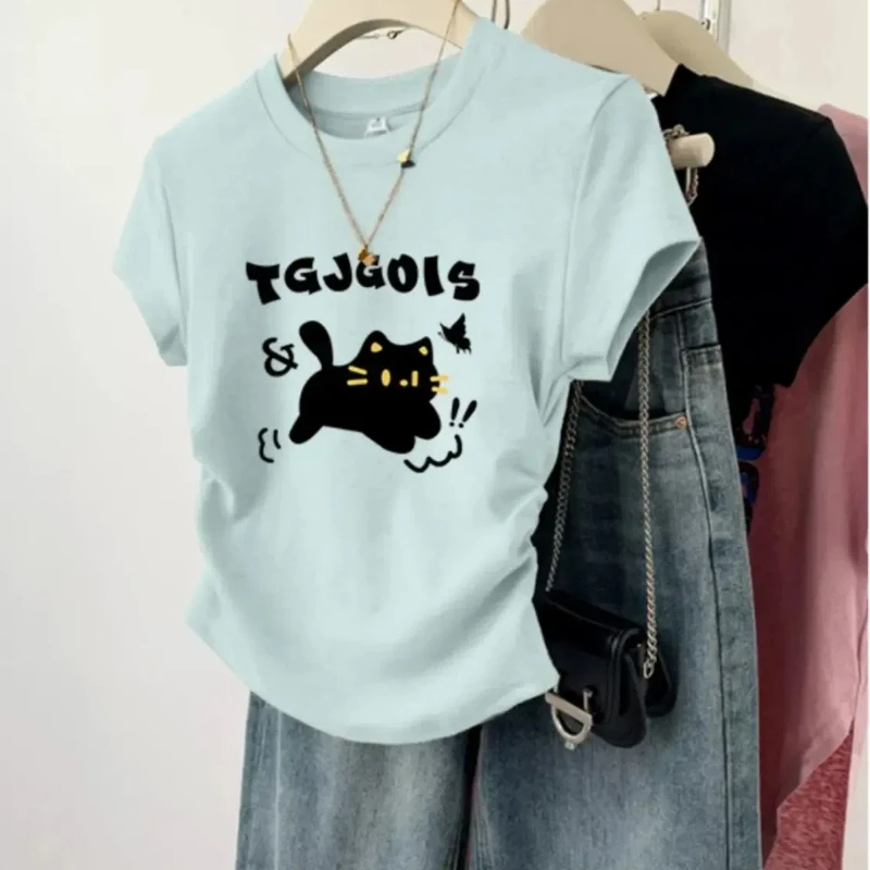 

Korean Youth Sweet Letter Print Waist Tie Up Short SleeveT Shirts Summer New Simplicity Casual Style Tops Fashion Women Clothing