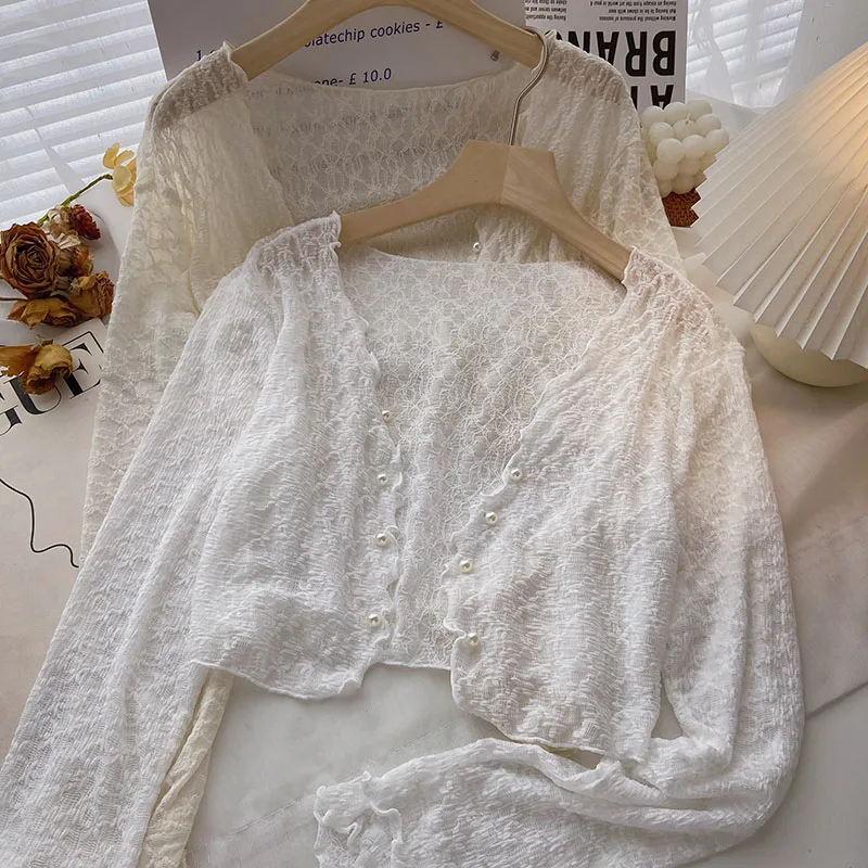 

French Style Summer Lace Shirt Sunscreen Cardigan Loose Short Hollow Out Blouse Women's Low Collar All-Matched Full Sleeve Shawl