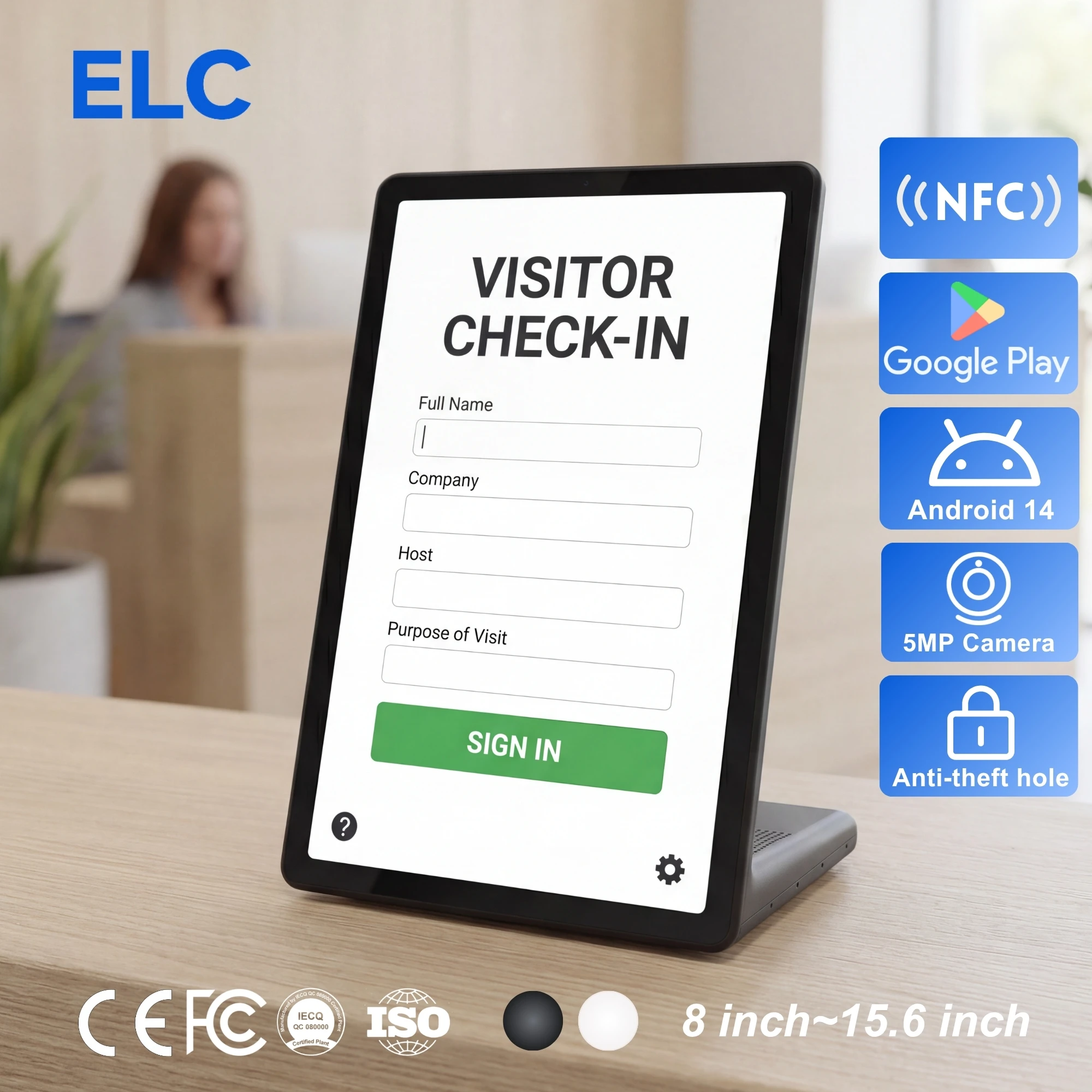 L-Type Portrait Android 14 Tablet PC Fixed Stand Desktop Kiosk NFC RFID Reader for Visitor Registration & Check-in