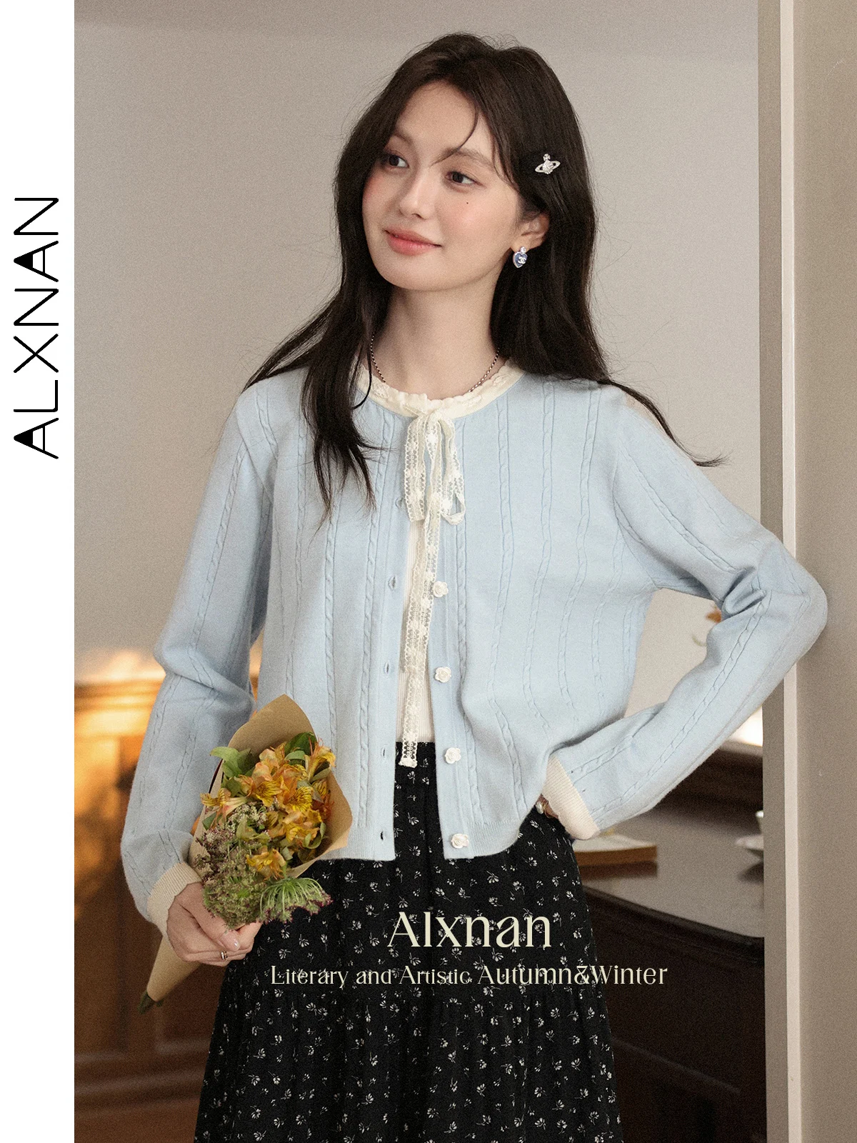 

ALXNAN вязаные кардиганы больших размеров, синие лоскутные кружевные женские трикотажные изделия с длинными рукавами, элегантные короткие повседневные вязаные топы D12305