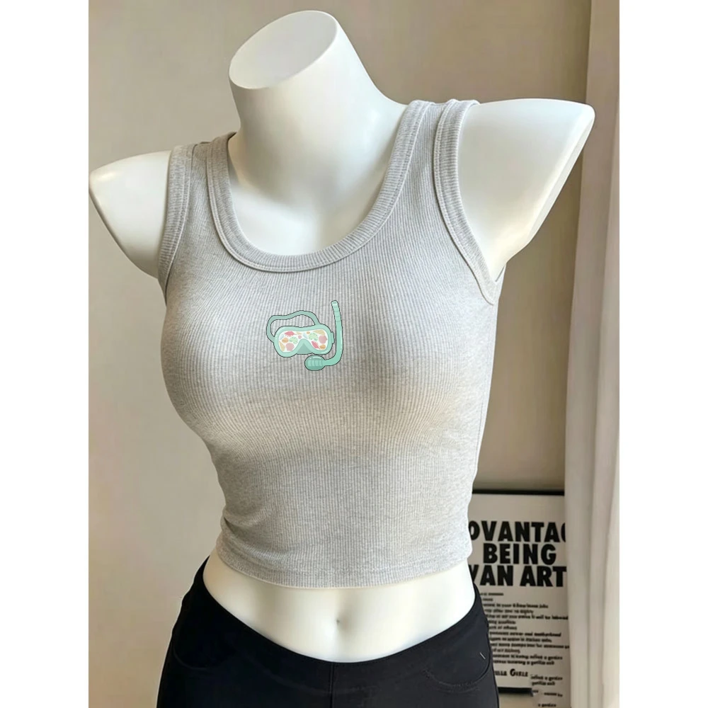 Snorkel Diving Mask Hand Drawn Graphic Y2K Camisole Ribbed Tank Tops Slim Fit Crop Top Sleeveless Crew Neck Cropped Cami Vest
