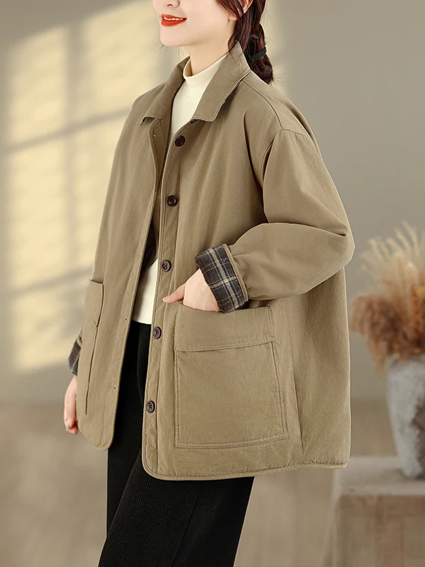 

Warm Cotton Jaet Loose Casual Artistic Retro Sle Korean Faion Thiened Winter Coat for Women Collar Single Button