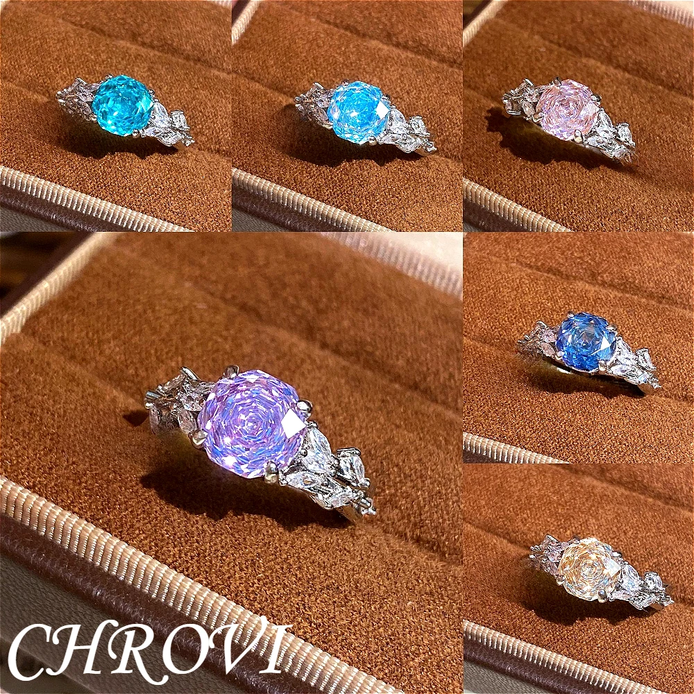 Exquisite 925 sterling silver ring with ultra-bright high-carat diamond and precious gemstone flower crown row of diamonds.