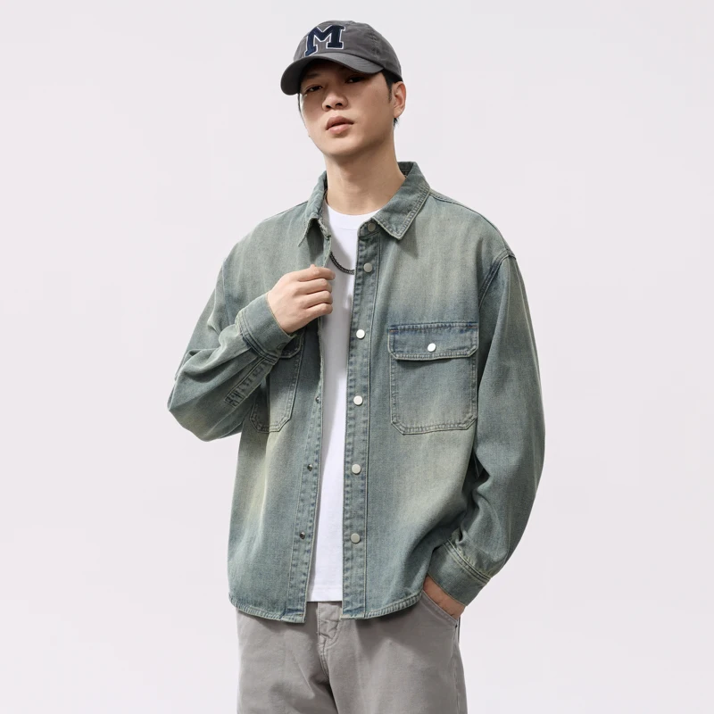 Japanese Retro Washed Denim Shirt Men Streetwear Fashion Loose Casual Spring Autumn High-end Denim Cargo Shirt Jacket Jeans Coat