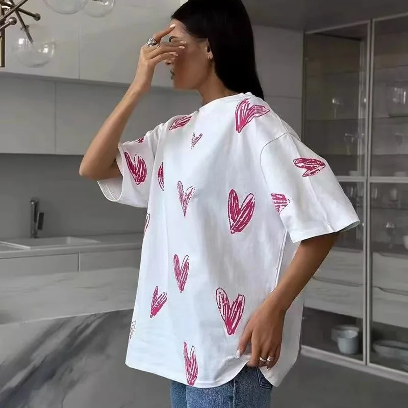 

Women's Fashion Love Printing Pure Cotton T-Shirt Summer Loose O-neck Y2K Short Sleeve Tops