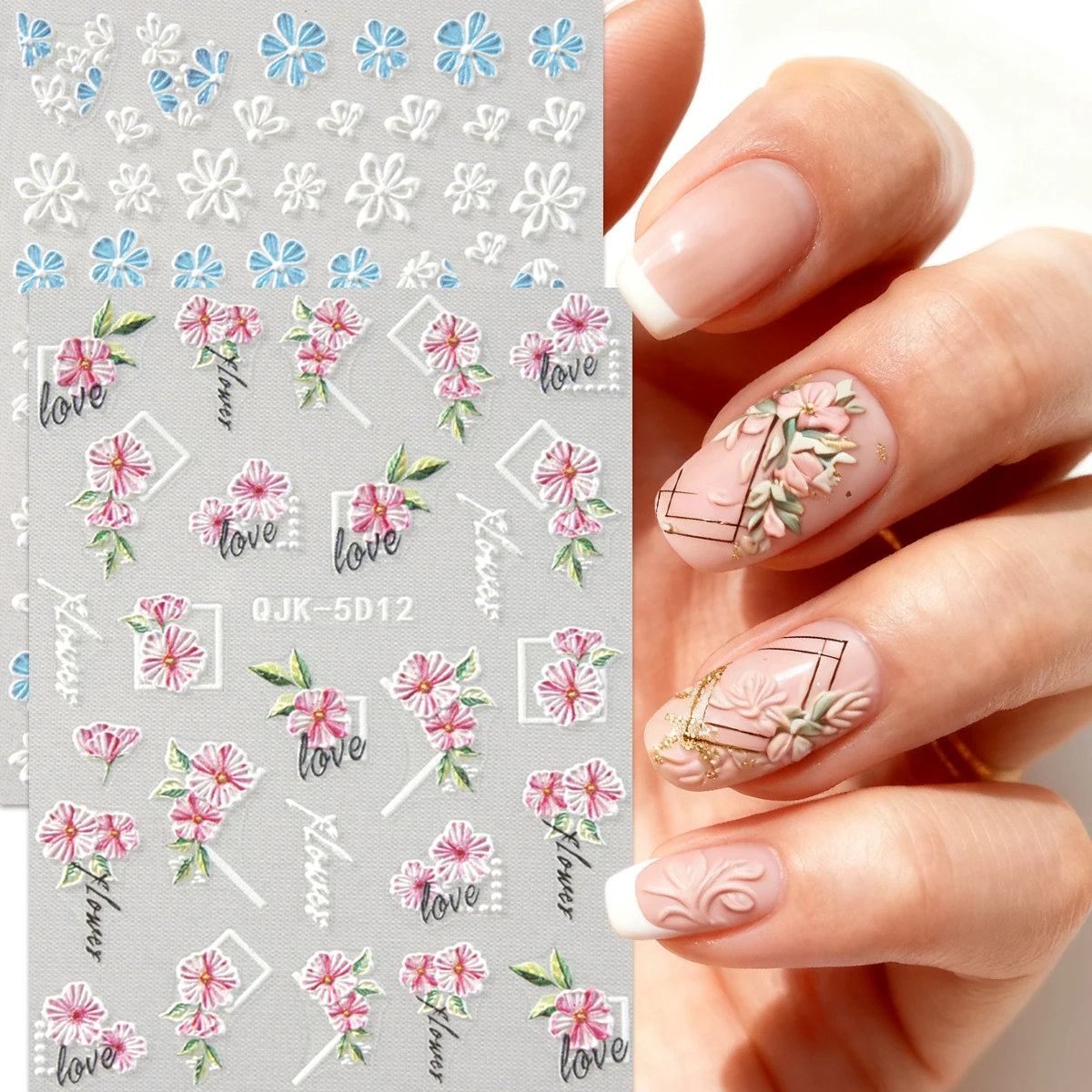 2pcs spring flower and grass embossed nail art stickers, 5D exquisite finish, DIY, gift, wedding party makeup, Y2K, artistic
