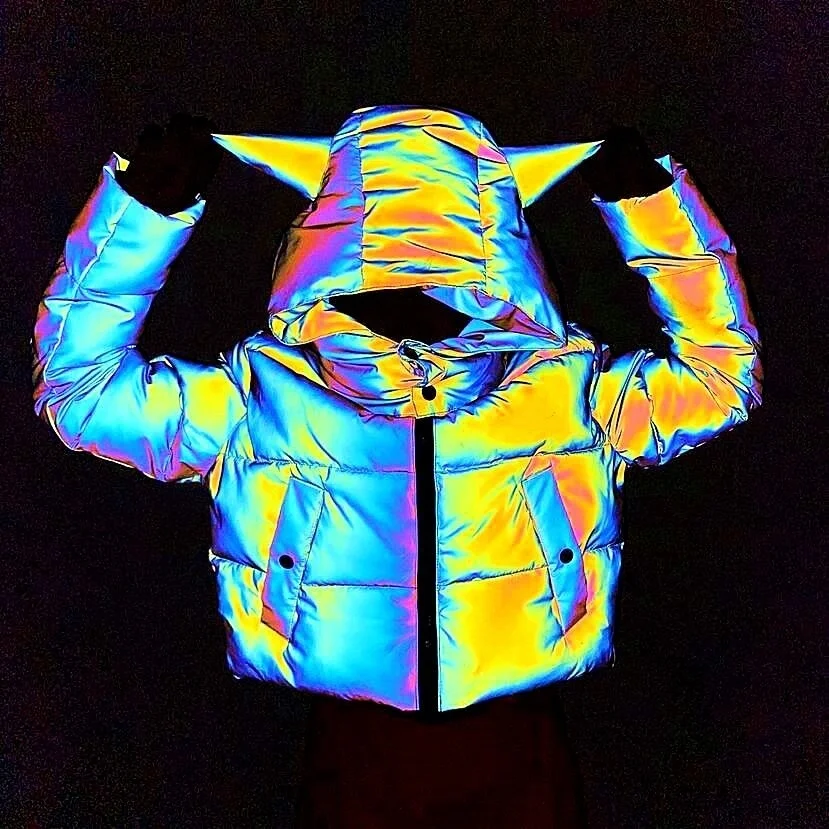 

New long sleeve short hooded colorful reflective cotton padded clothes women's fashion luminous cotton padded jacket