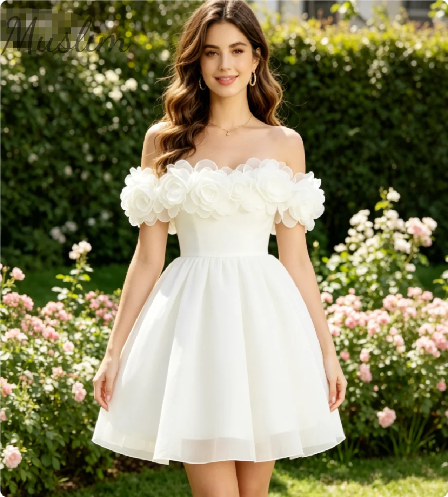 Off Shoulder 3D Floral Mini Wedding Dress 2026 Rustic Country A Line Garden Elopement Civil Ceremony Reception Bridal Dresses