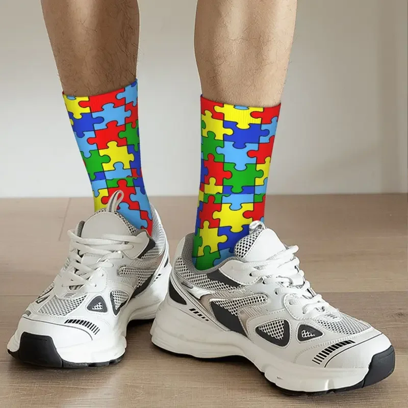 Y2K Autumn Winter Crazy Design Men'S Women'S Autism Puzzle Pieces Ribbon Awareness Breathable Basketball Socks