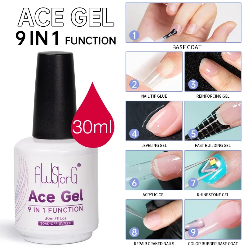 AWStorG 30ML Trasparente 9-in-1 Funzione Gel 2 IN 1 Top Coat in cristallo Semi Permanente Nail Art Gel Vernice Spessore Base Gel