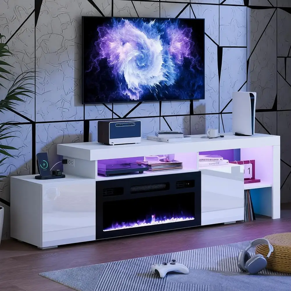 

Тумба под телевизор 73,2 дюйма с местом для электрического камина 30 дюймов, LED-центр развлечений для телевизоров 65-80 дюймов, глянцевый белый цвет, для гостиной