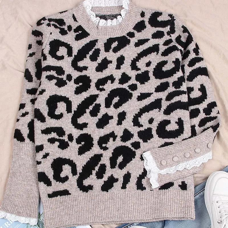 2025 Elegante Leopardenmuster High Street Pullover Tops Damenmode Oansatz Gestrickte Bluse Casual Langarm Pullover Pullover