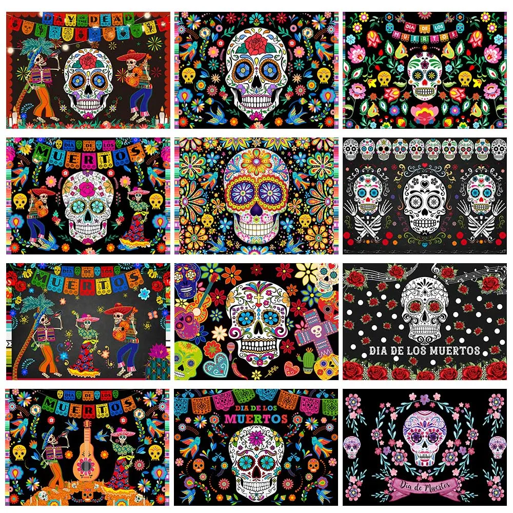 Day of The Dead Backdrop Mexican Sugar Skull Photography Background Dia DE Los Muertos Dress-up Party Fiesta Banner Decoration