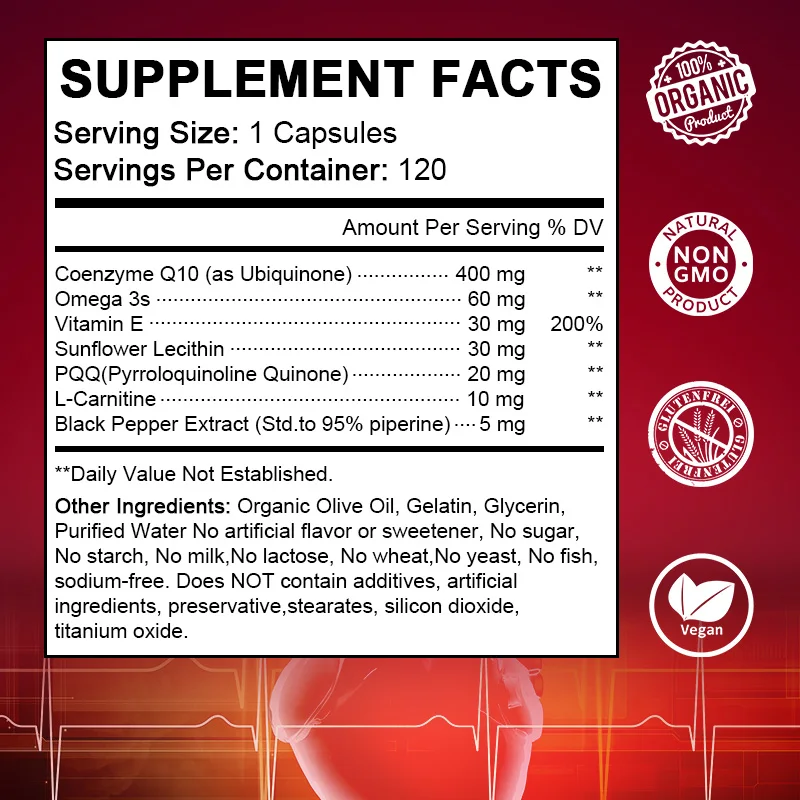 Coenzyme Q10-400 mg with PQQ&L-Carnitine, Ultra High Absorption COQ10,Support Heart Function, Protect Heart Health Supplement