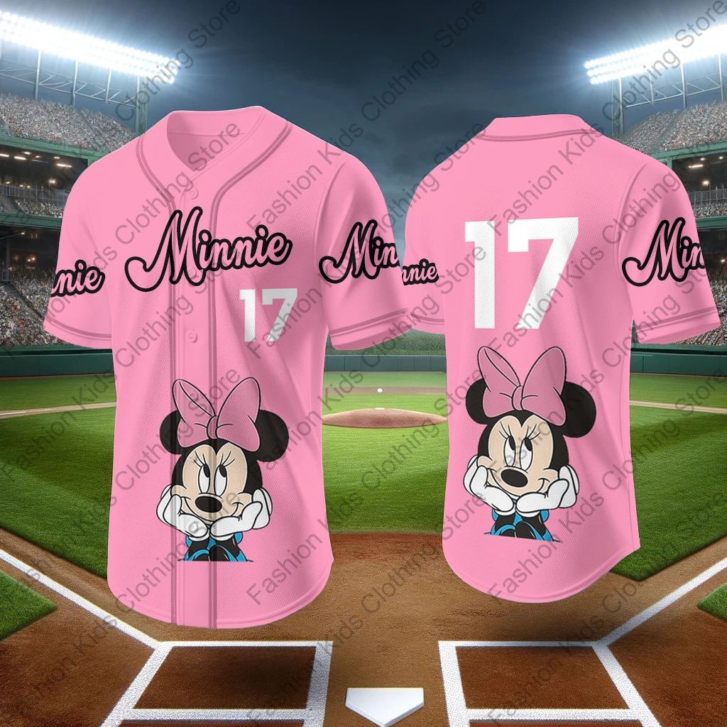 MINISO 2024 New Baseball Jersey Cute Minnie Mouse Printed Kids Adults Fashion Cartoon Buttons Baseball Uniform Kid Tops Clothing