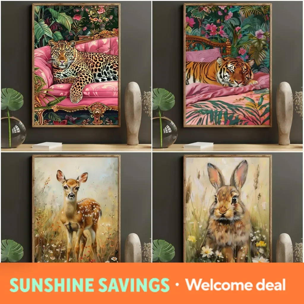 Pop Lovely Wildlife Wall Art Canvas Print Leopard Tiger Sleep On Bed Painting Deer Rabbit In Flowers Poster Home Decoration