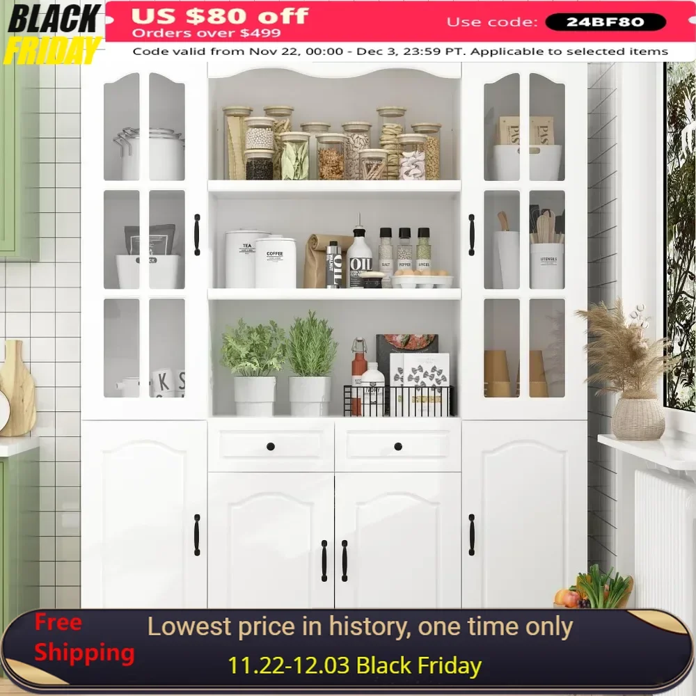 Kitchen Pantry Cabinet with Glass Doors and 2 Drawers Pantry Storage Cabinet with Shelves