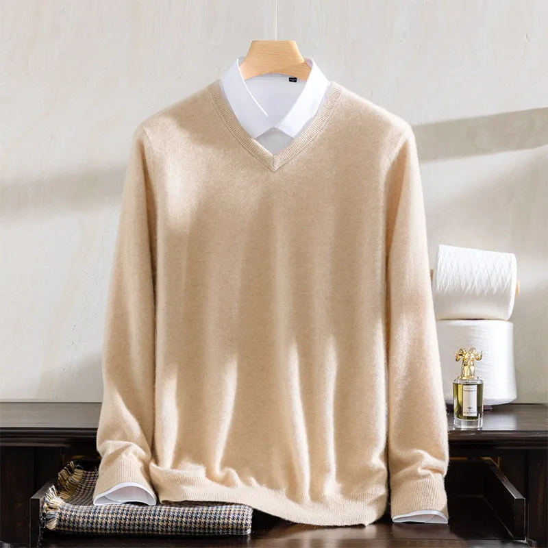 Men's Wool Warm Pullovers Sweater V-Neck Knit Autumn Fit Tops Male Cashmere Knitwear Jumpers Bottoming Shirt Plus Size 5XL