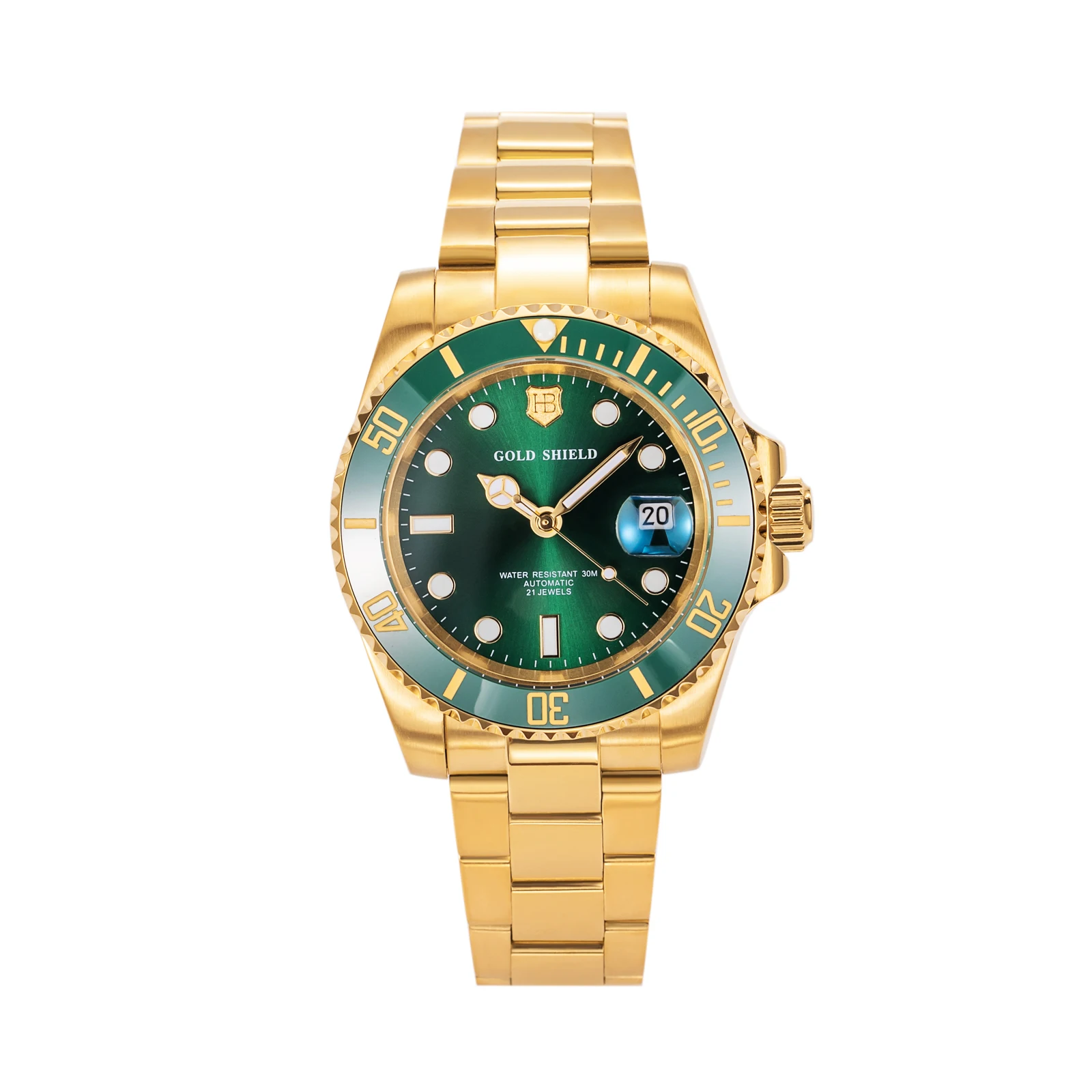 

Fashion 42mm Men's Mechanical Automatic Wristwatches 24K Gold Green Glass Calendar Wristwatch Stainless Steel Strap Waterproof